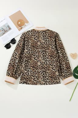 image-Khaki Contrast Striped Trim V Neck Leopard Shirt
