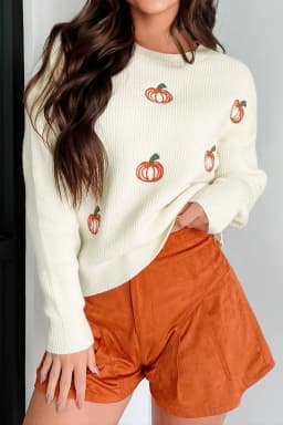image-Pumpkin Embroidered Ribbed Sweater - Beige
