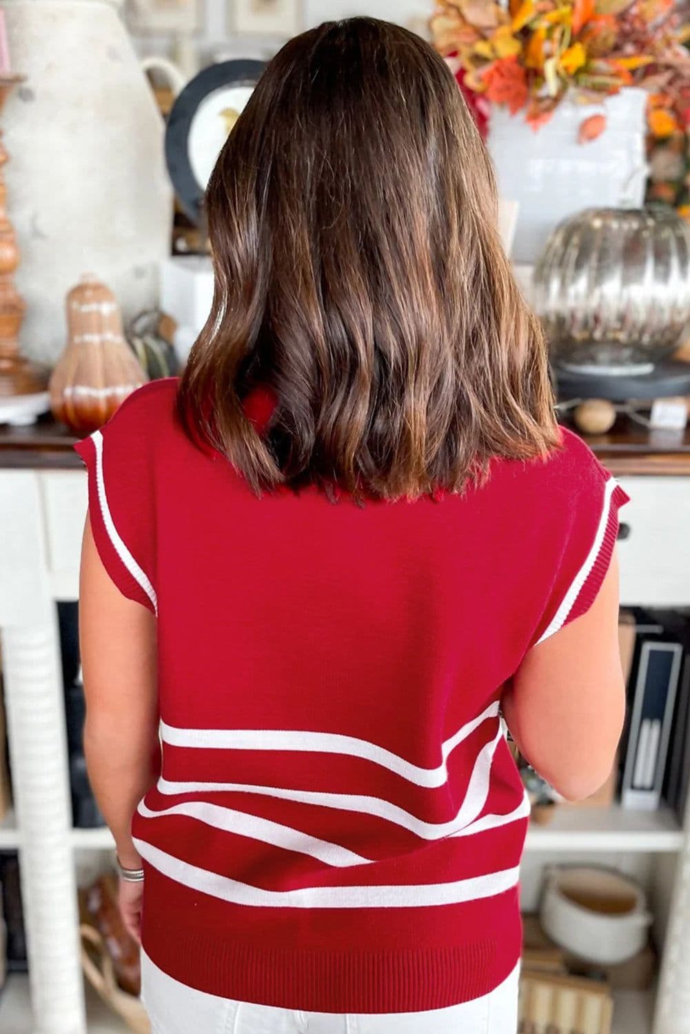 image-Fiery Red Quarter Zip Striped Detail Short Sleeve Sweater