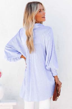 image-Sky Blue Striped Boyfriend Shirt with Pocket - Smocked Cuffs