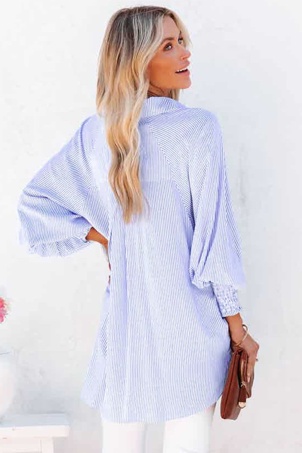 image-Sky Blue Striped Boyfriend Shirt with Pocket - Smocked Cuffs