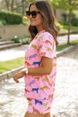 image-Pink Flower Print Short Sleeve High Waist Two Piece Shorts Set