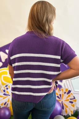 image-Purple Stripe Knit Sweater - Short Sleeve Raw Edge