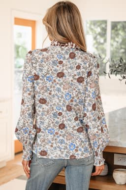 image-Brown Plaid Frilled Trim V Neck Floral Long Sleeve Blouse