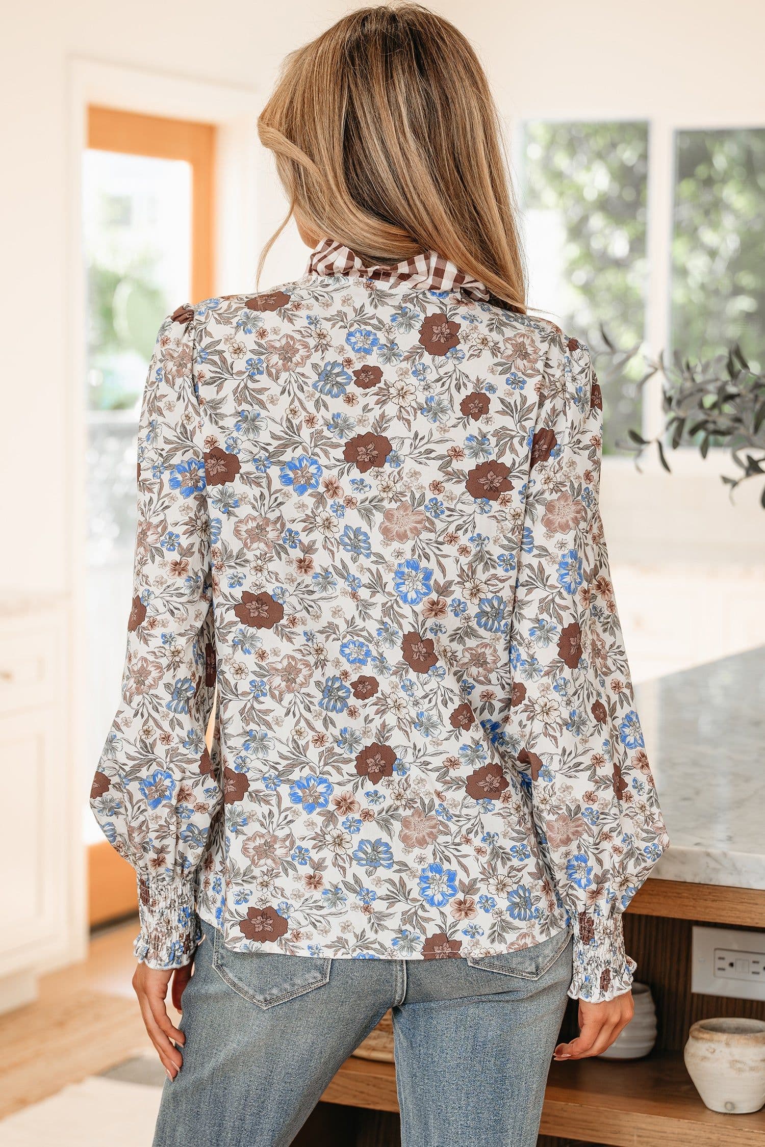 image-Brown Plaid Frilled Trim V Neck Floral Long Sleeve Blouse