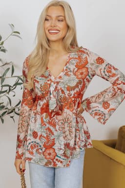 image-Floral Print Deep V Neck Knot Bell Sleeve Blouse - Orange