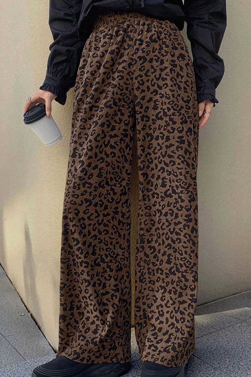 image-Dark Brown Leopard Corduroy Pants High Waist