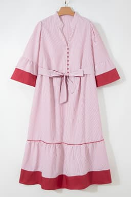 image-Red Stripe Plus Size Ruffled Hem Midi Dress
