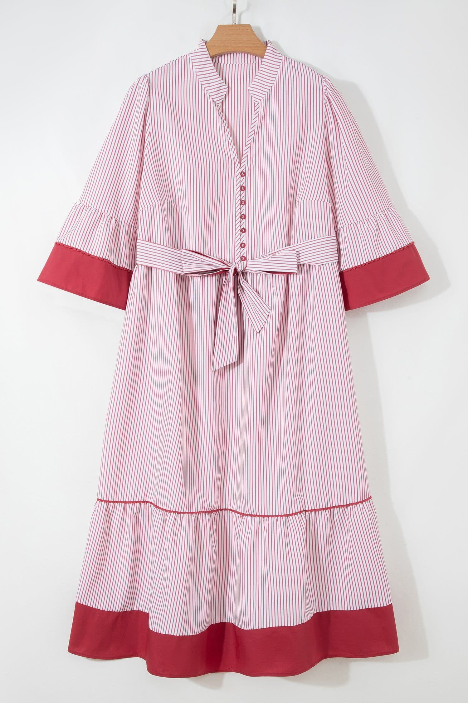 image-Red Stripe Plus Size Ruffled Hem Midi Dress