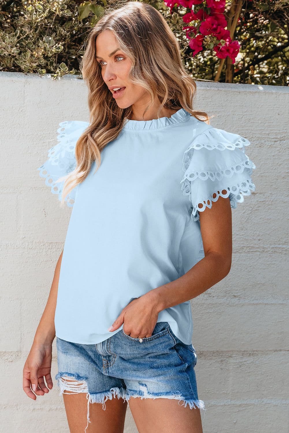 image-Beau Blue Layered Ric Rac Cap Sleeve Blouse