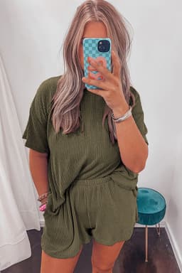 image-Orange Ribbed Textured Knit Loose Fit Tee and Shorts Set