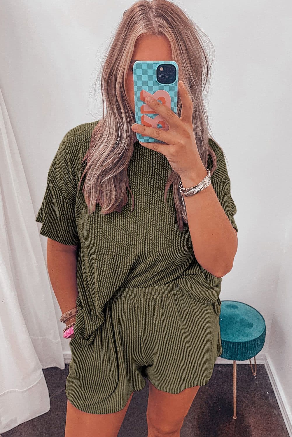 image-Orange Ribbed Textured Knit Loose Fit Tee and Shorts Set