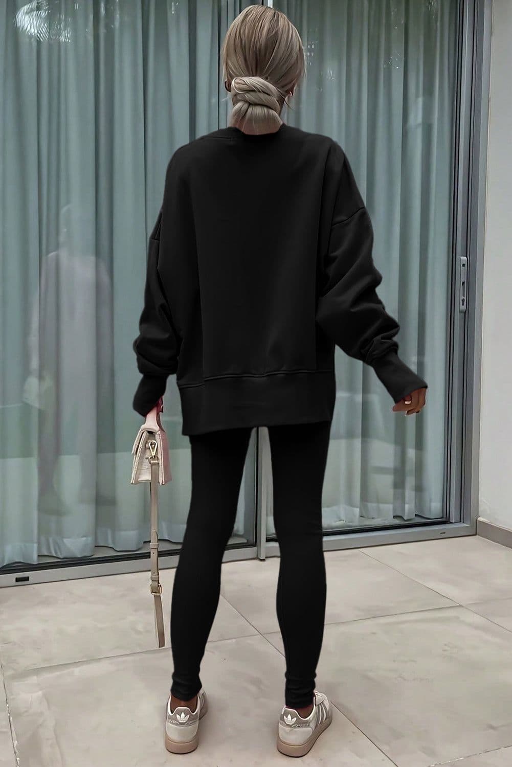 image-Black Solid Color Oversize Slit Sweatshirt Ribbed Leggings 2pcs Set
