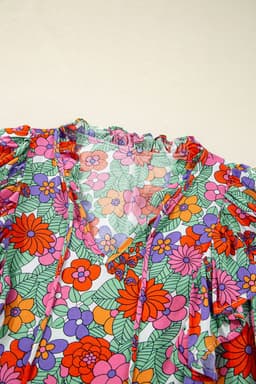 image-Red Floral Ruffle Puff Sleeve Blouse