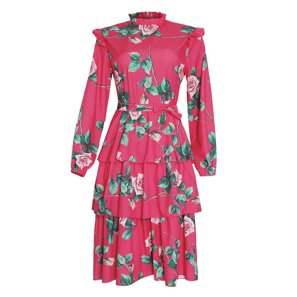 image-Plus size women's retro print long-sleeved fresh and sweet holiday style lace-up dress