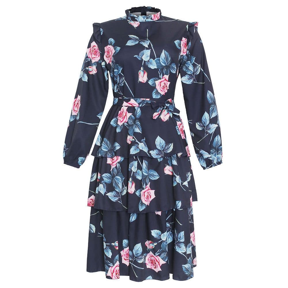 image-Plus size women's retro print long-sleeved fresh and sweet holiday style lace-up dress