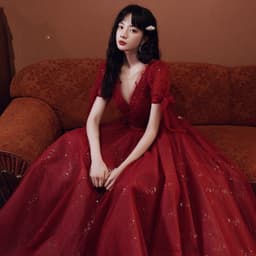 image-Female Wine Red Banquet Temperament Dress