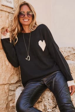 image-Black Heart Detail Contrast Cuffs Baggy Sweater