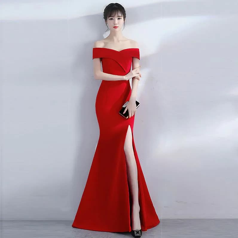 image-Banquet evening dress word-shoulder fishtail dress