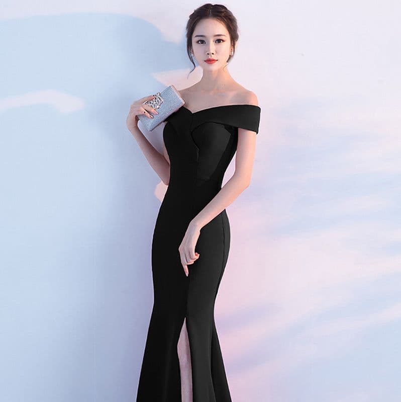 image-Banquet evening dress word-shoulder fishtail dress