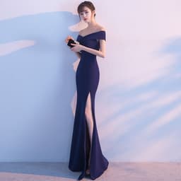 image-Banquet evening dress word-shoulder fishtail dress