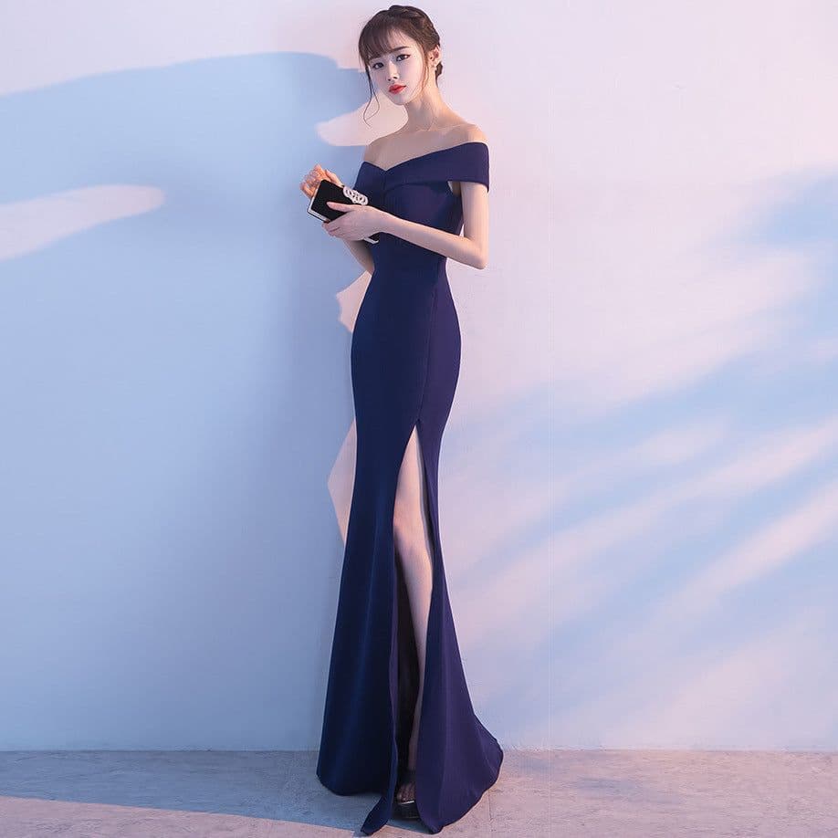 image-Banquet evening dress word-shoulder fishtail dress
