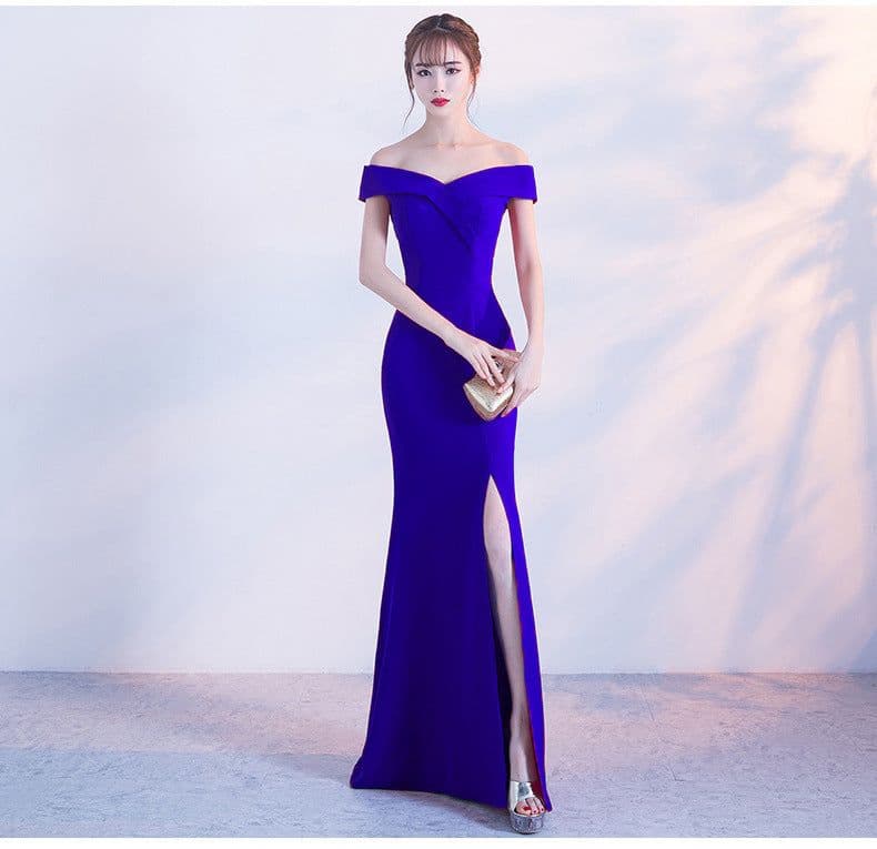 image-Banquet evening dress word-shoulder fishtail dress