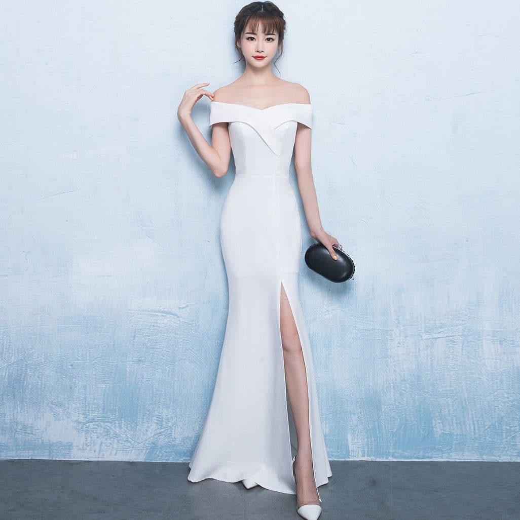 image-Banquet evening dress word-shoulder fishtail dress