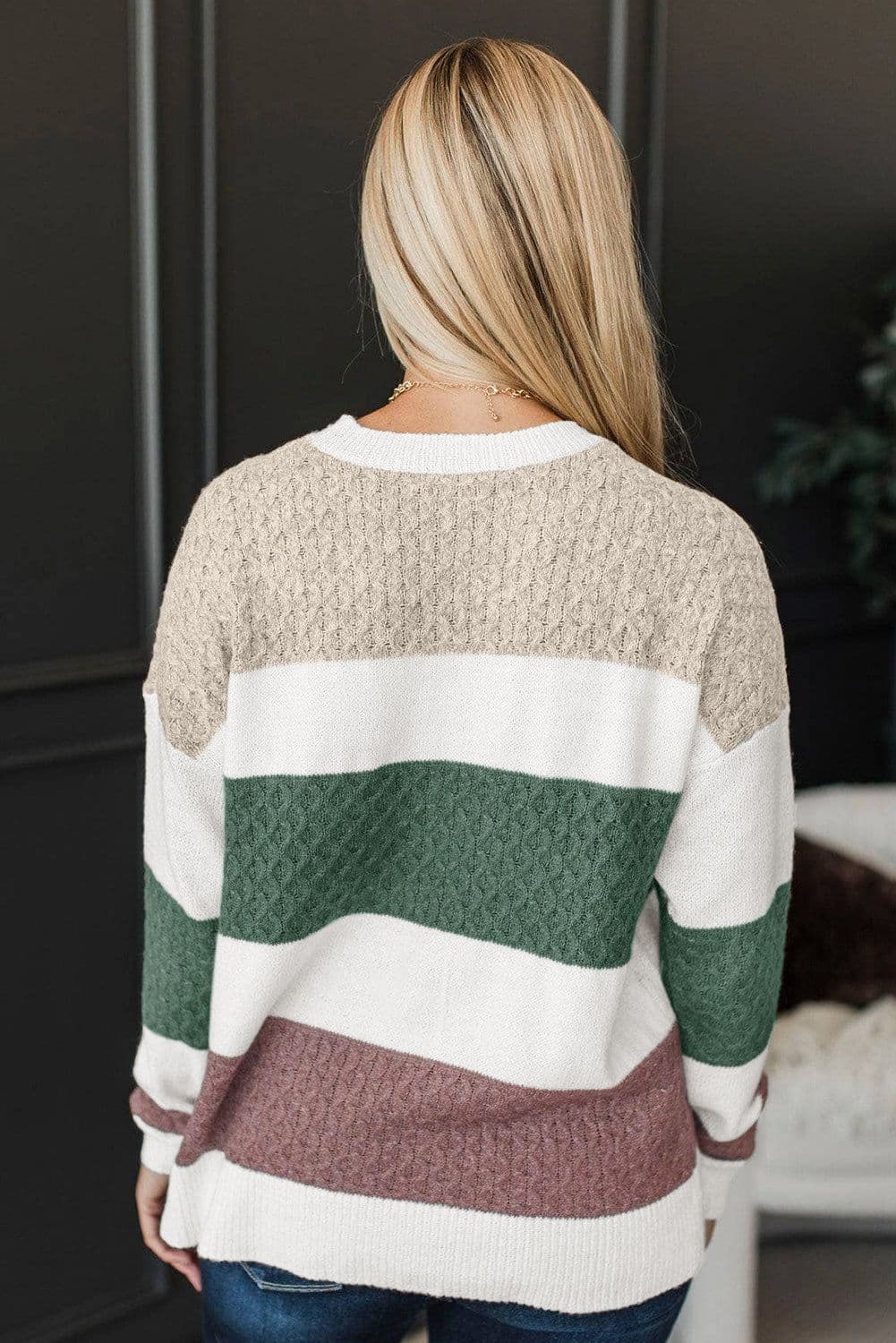 image-Green Mixed Texture Knit Striped Color Block Loose Sweater