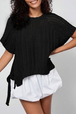 image-Pink Plus Size Open Knit Bow Tie Short Sleeve Sweater