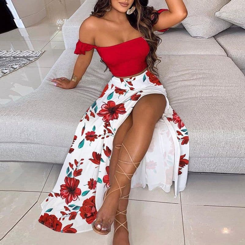 image-Summer Slim French Bohemian Print Mid-Length Retro Tube Top Suit Dress Women