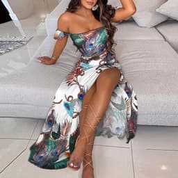 image-Summer Slim French Bohemian Print Mid-Length Retro Tube Top Suit Dress Women