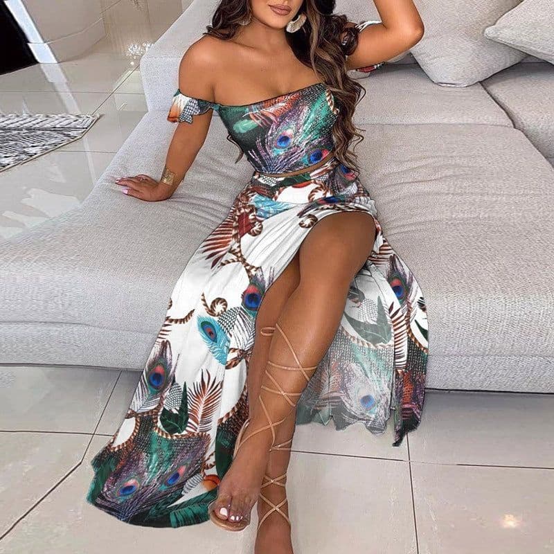 image-Summer Slim French Bohemian Print Mid-Length Retro Tube Top Suit Dress Women