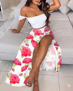 image-Summer Slim French Bohemian Print Mid-Length Retro Tube Top Suit Dress Women