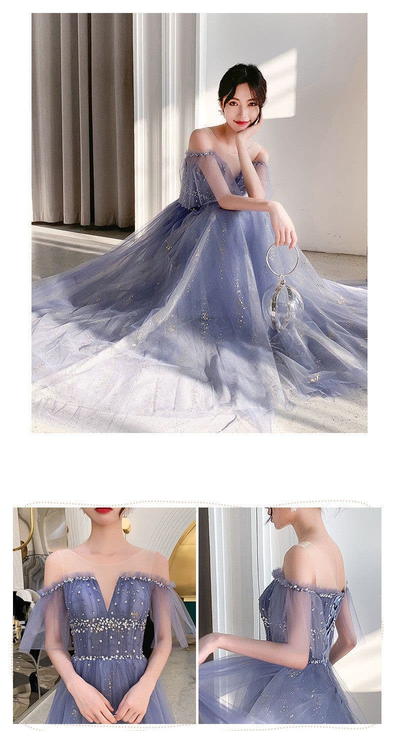 image-One-Shoulder Noble Temperament Starry Sky Birthday Bride Toast Dress Long