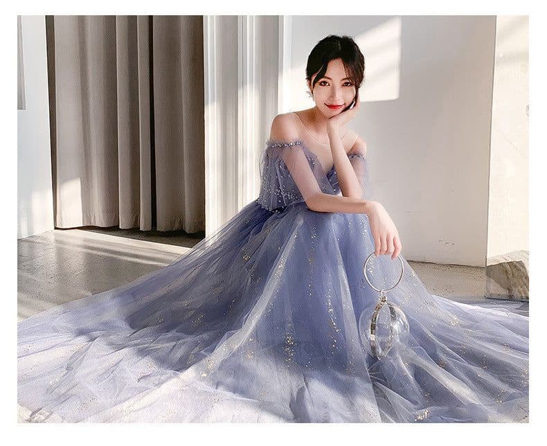 image-One-Shoulder Noble Temperament Starry Sky Birthday Bride Toast Dress Long