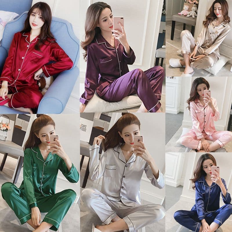 image-Women's Silk Pajamas Set - Long Sleeve Black Cardigan