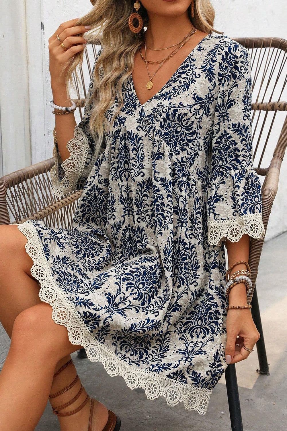 image-Vintage Printed Lace Trim V Neck 3/4 Sleeve Dress - Sky Blue
