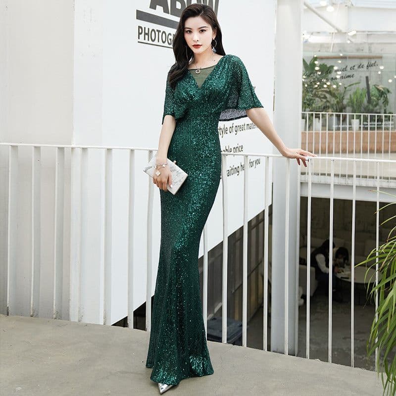 image-Dark green evening dress female annual party temperament