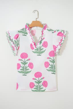 image-Blue Wild Flower Print Contrast Trim Scallop Detail Short Sleeve Blouse
