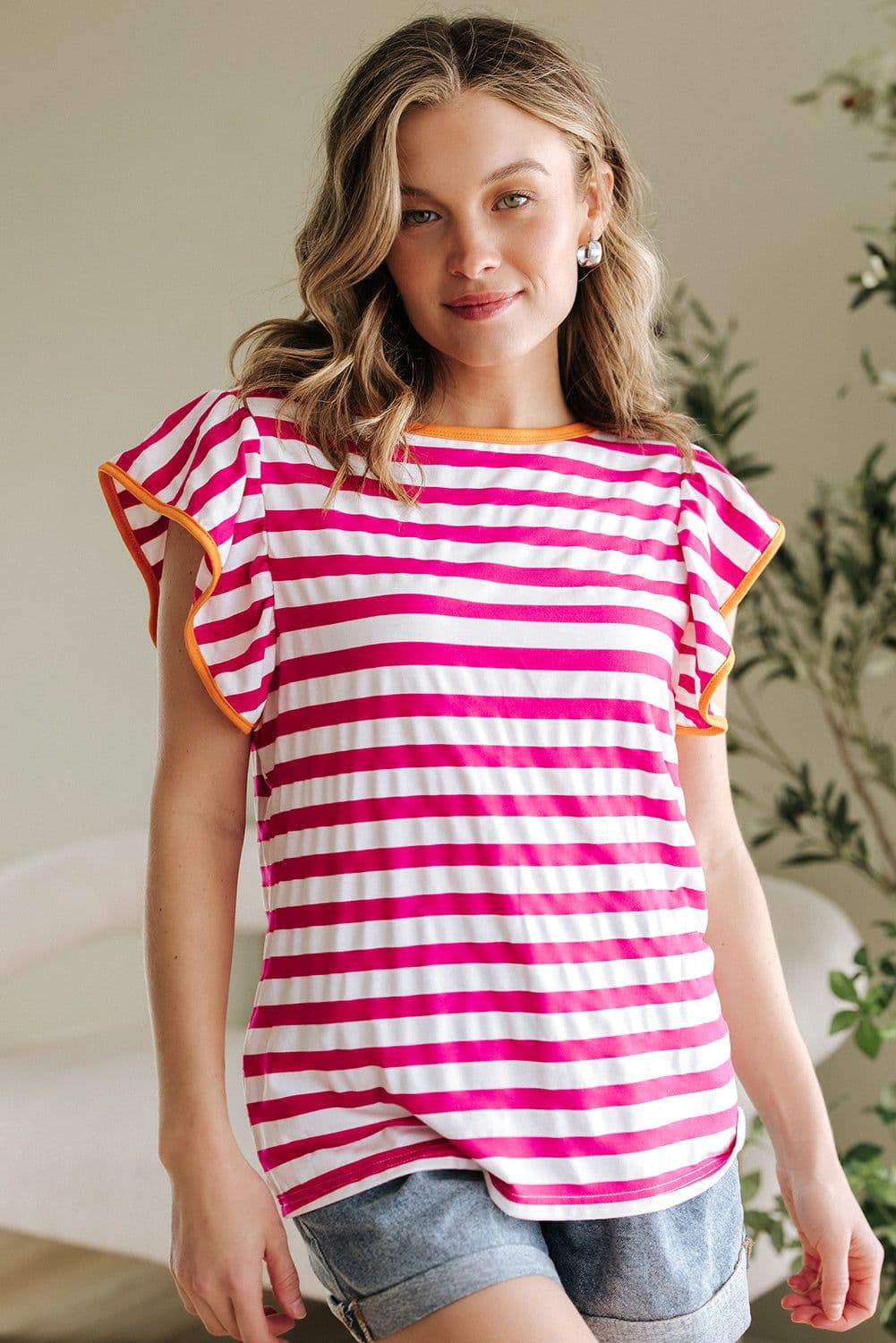 image-Rose Red Striped Ruffle Sleeve Crew Neck Blouse