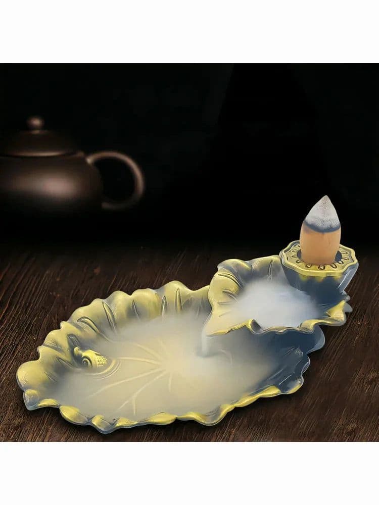 image-Fragrance Holder Smoke Reflux Incense Stick Incense Aromatherapy Backflow Burner Creative Incense Ceramic Leaf Tower