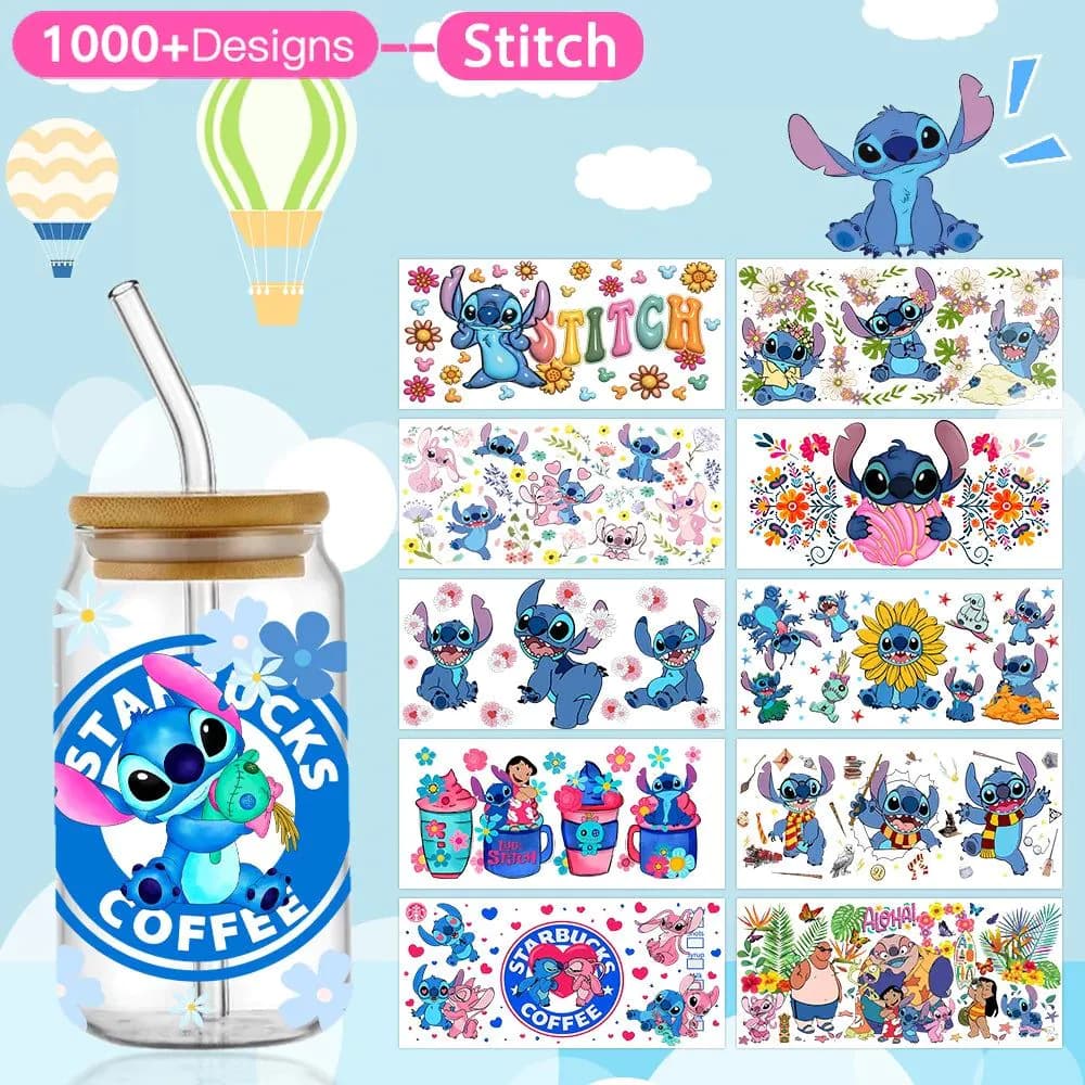 image-UV DTF Cup Wrap Blue Cartoon Transfers 16oz UV DTF Libbey Wrap Tumbler Stickers Glass Can Selfadhesive Waterproof