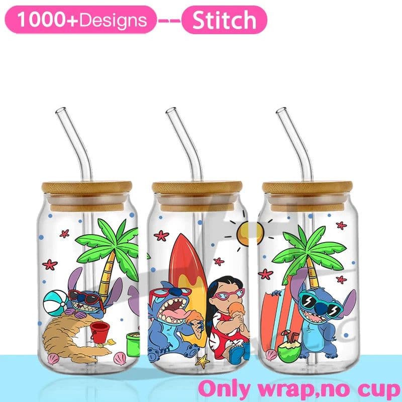image-UV DTF Cup Wrap Blue Cartoon Transfers 16oz UV DTF Libbey Wrap Tumbler Stickers Glass Can Selfadhesive Waterproof