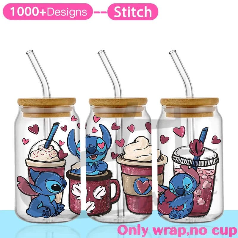 image-UV DTF Cup Wrap Blue Cartoon Transfers 16oz UV DTF Libbey Wrap Tumbler Stickers Glass Can Selfadhesive Waterproof