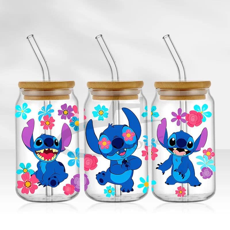 image-UV DTF Cup Wrap Blue Cartoon Transfers 16oz UV DTF Libbey Wrap Tumbler Stickers Glass Can Selfadhesive Waterproof