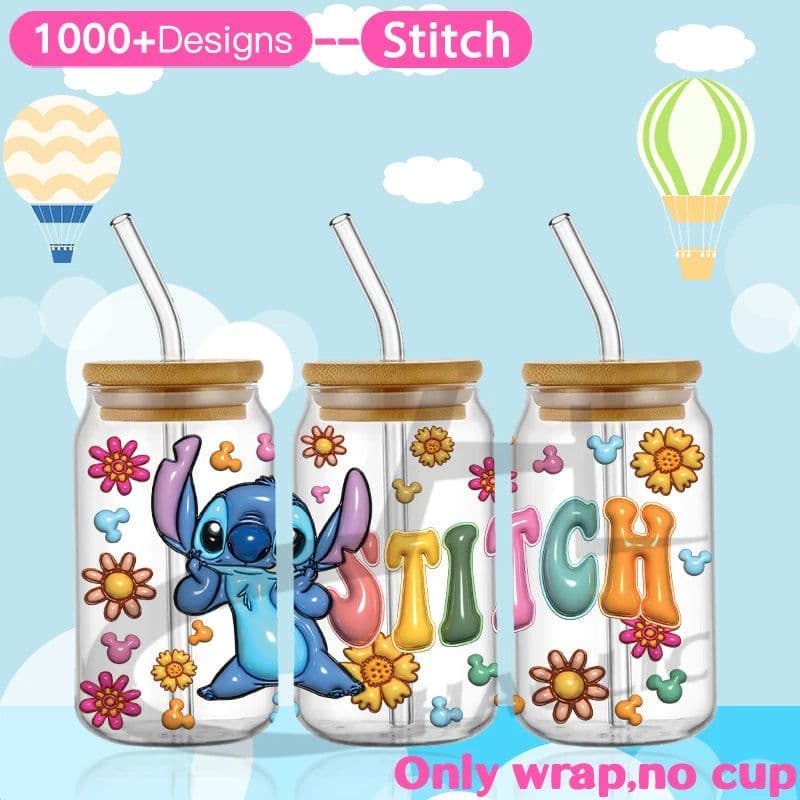 image-UV DTF Cup Wrap Blue Cartoon Transfers 16oz UV DTF Libbey Wrap Tumbler Stickers Glass Can Selfadhesive Waterproof