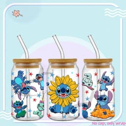 image-UV DTF Cup Wrap Blue Cartoon Transfers 16oz UV DTF Libbey Wrap Tumbler Stickers Glass Can Selfadhesive Waterproof