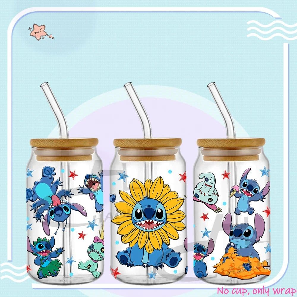 image-UV DTF Cup Wrap Blue Cartoon Transfers 16oz UV DTF Libbey Wrap Tumbler Stickers Glass Can Selfadhesive Waterproof