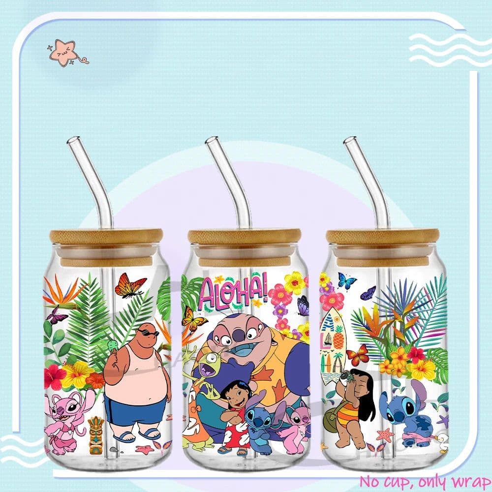 image-UV DTF Cup Wrap Blue Cartoon Transfers 16oz UV DTF Libbey Wrap Tumbler Stickers Glass Can Selfadhesive Waterproof